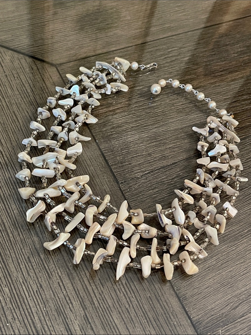 Vintage 4 Strand Mother of Pearl Shell Nugget Statement Necklace Choker